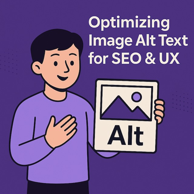 紫背景に漫画風キャラクターが「Alt」と書かれた画像アイコンを持ち、SEOとUXのための最適化を示すイラスト