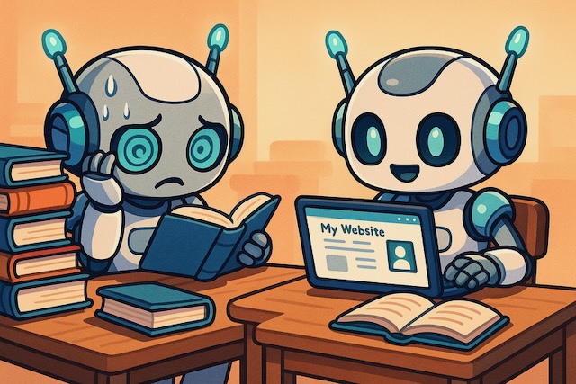 アニメ風のロボットが机で勉強しているイラスト。1体は大量の本に囲まれて困惑しながら読書し、もう1体はノートPCで「My Website」と表示された画面を見て笑顔になっている。ユーモラスでモチベーションを感じさせる雰囲気。