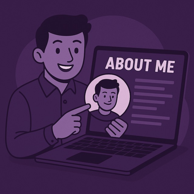 紫背景に漫画風キャラクターがノートパソコンの「About Me」ページを指差し、プロフィール写真を持っているイラスト