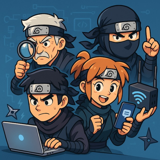 アニメ風のコミカルな忍者キャラクターたちが最新テクノロジーに奮闘しているイラスト。ひとりはケーブルに絡まり、別の忍者は巨大なノートPCの後ろに隠れ、もうひとりはWi-Fi信号型の手裏剣を投げている。明るくユーモラスな雰囲気。