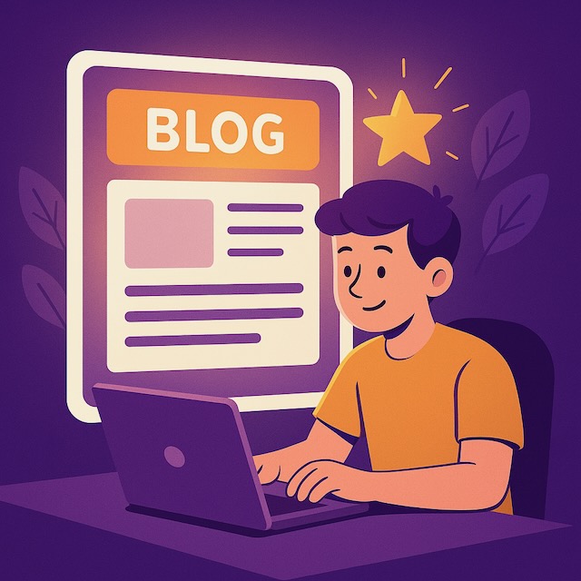 紫背景に漫画風キャラクターがノートパソコンでブログを書き、横に輝く「BLOG」ページが表示されているイラスト