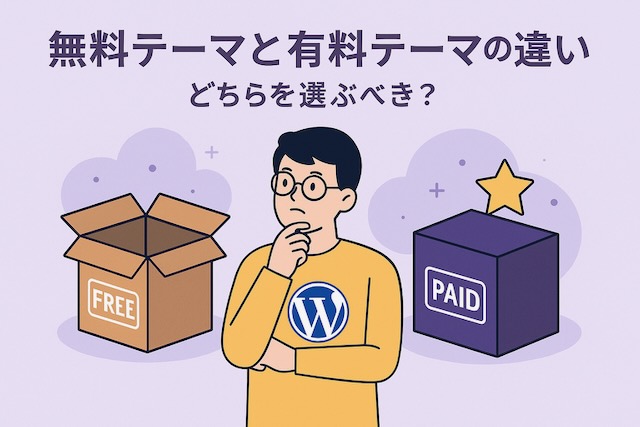 紫背景に漫画風キャラクターが「FREE」と「PAID」の箱を見比べて悩んでいるイラスト