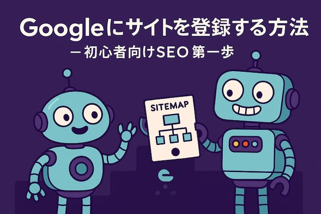 紫背景に2体の漫画風ロボットが登場し、1体が「SITEMAP」と書かれた用紙を持っているイラスト