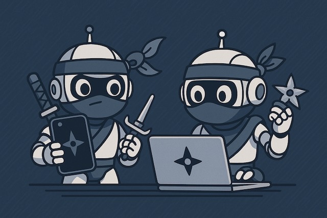 未来的なロボットが日本の小規模ビジネスを支援しているイラスト。1体はスマートフォンにGoogleビジネスプロフィールと星5レビューを表示し、別のロボットは光る地図ピンを配置、さらに別のロボットは構造化データのアイコンを管理している。明るくハイテクな雰囲気。