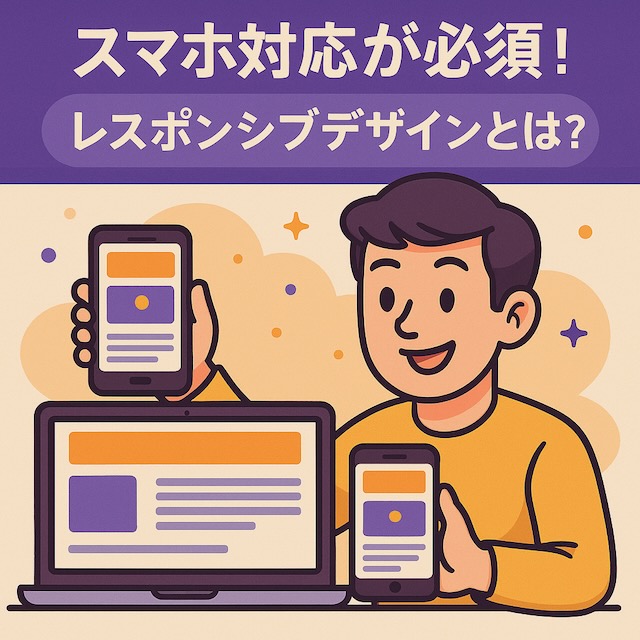 漫画風キャラクターがスマホ・タブレット・ノートPCを手に持ち、同じレスポンシブデザインのサイトが表示されているイラスト