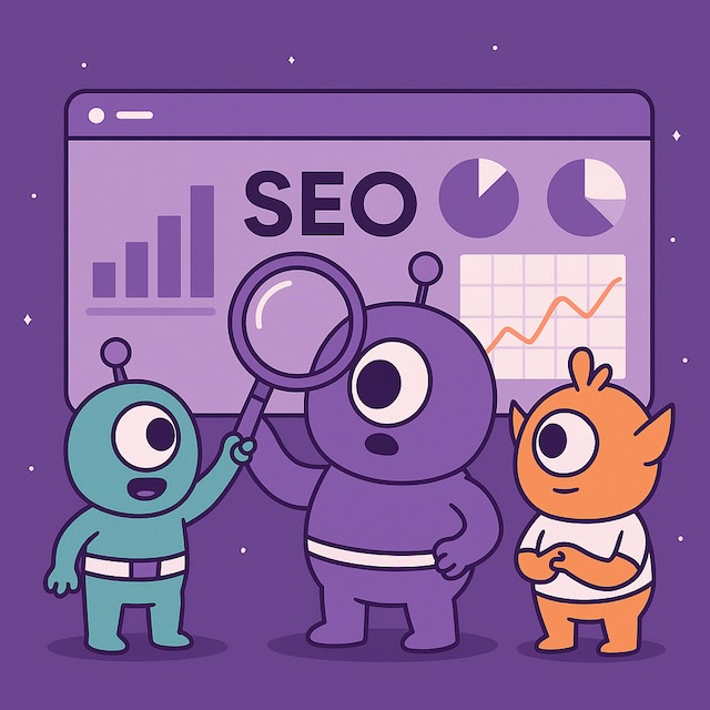 紫背景に漫画風の宇宙人キャラクター3体が登場し、棒グラフや円グラフを分析しているイラスト